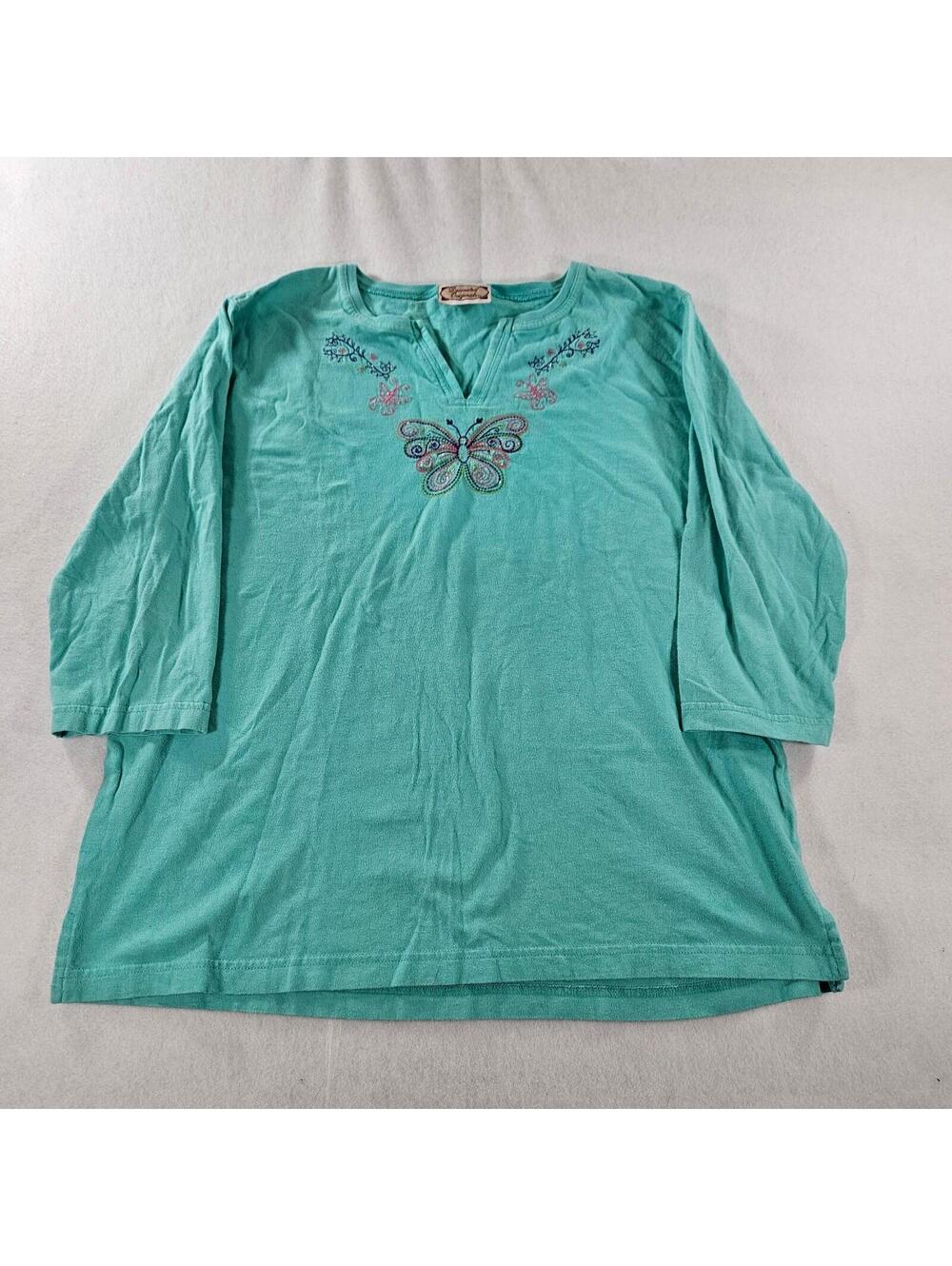 Decorated Originals Embroidered Tunic Top Large Teal Blue Butterfly Cotton